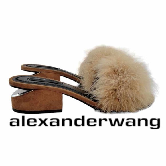 Alexander Wang Shoes - Alexander Wang Beige Suede Feather Embellished Lou Slides Size 35 (US Women's 5)